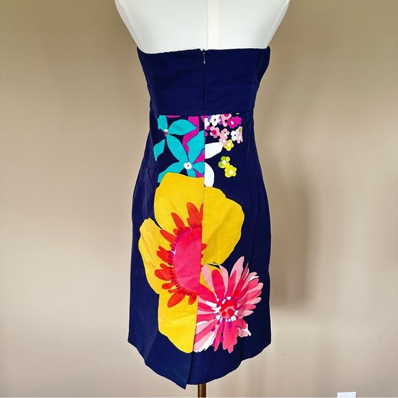 Trina Turk Navy Blue Floral Strapless Dress Women 4 Y2K Flower Hippie Fun Bold - Picture 8 of 9